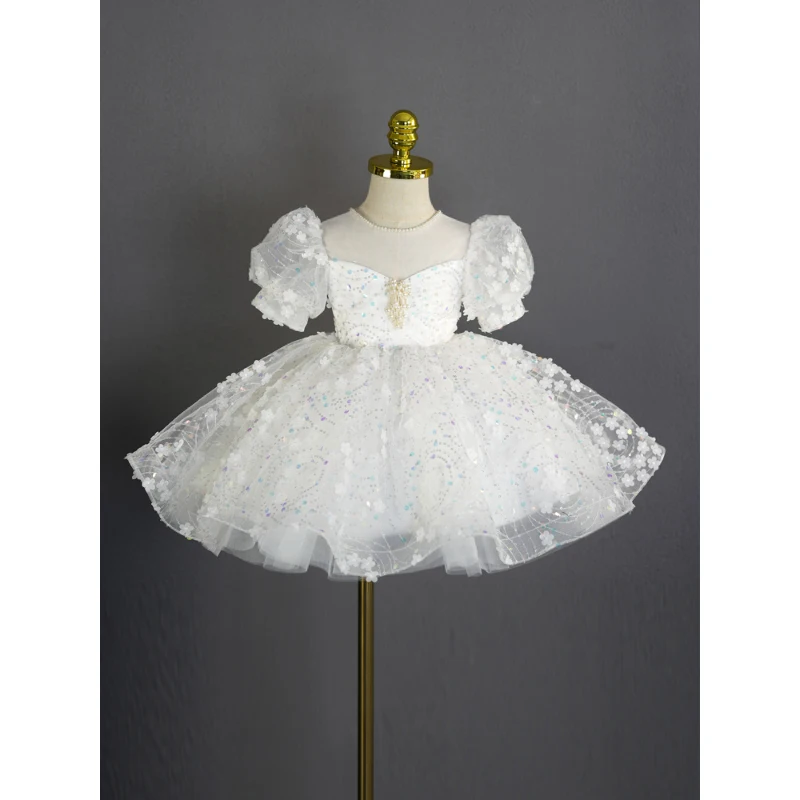 Vestido de flores con lentejuelas brillantes para niños, vestido de fiesta de cumpleaños con apliques de cuentas, hasta la rodilla, manga abombada con lazo