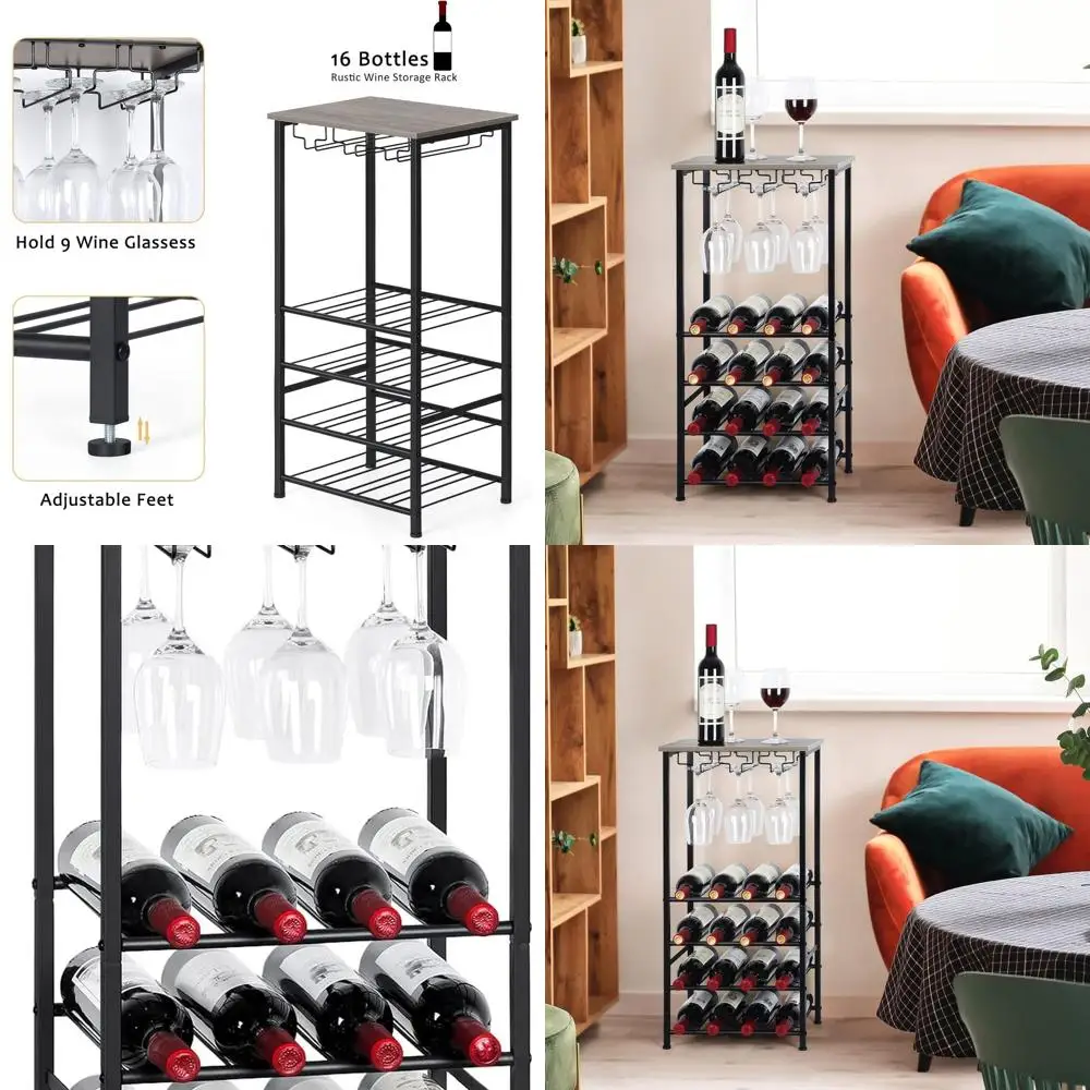 

Freestanding Wine Rack with Glass Holder, 16-Bottle Capacity, Gray Oak Wood Table Top for Home Bar and Living Room