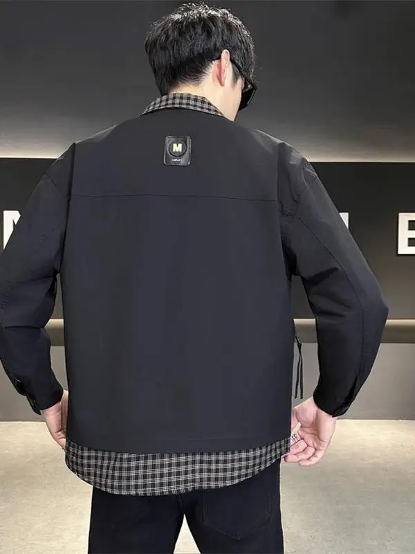 

Trendy Plaid Loose Fit Men's Jaet with Stand Collar Splicing Workwear Sle Autumn Winter New Arrival Faion Outerwear