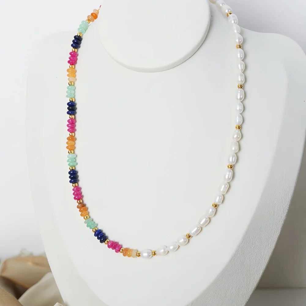 

French Retro Color Mixed Natural Stone Beads Freshwater Pearls Splicing Women Chain Necklaces Fashion Titanium Steel Jewelry