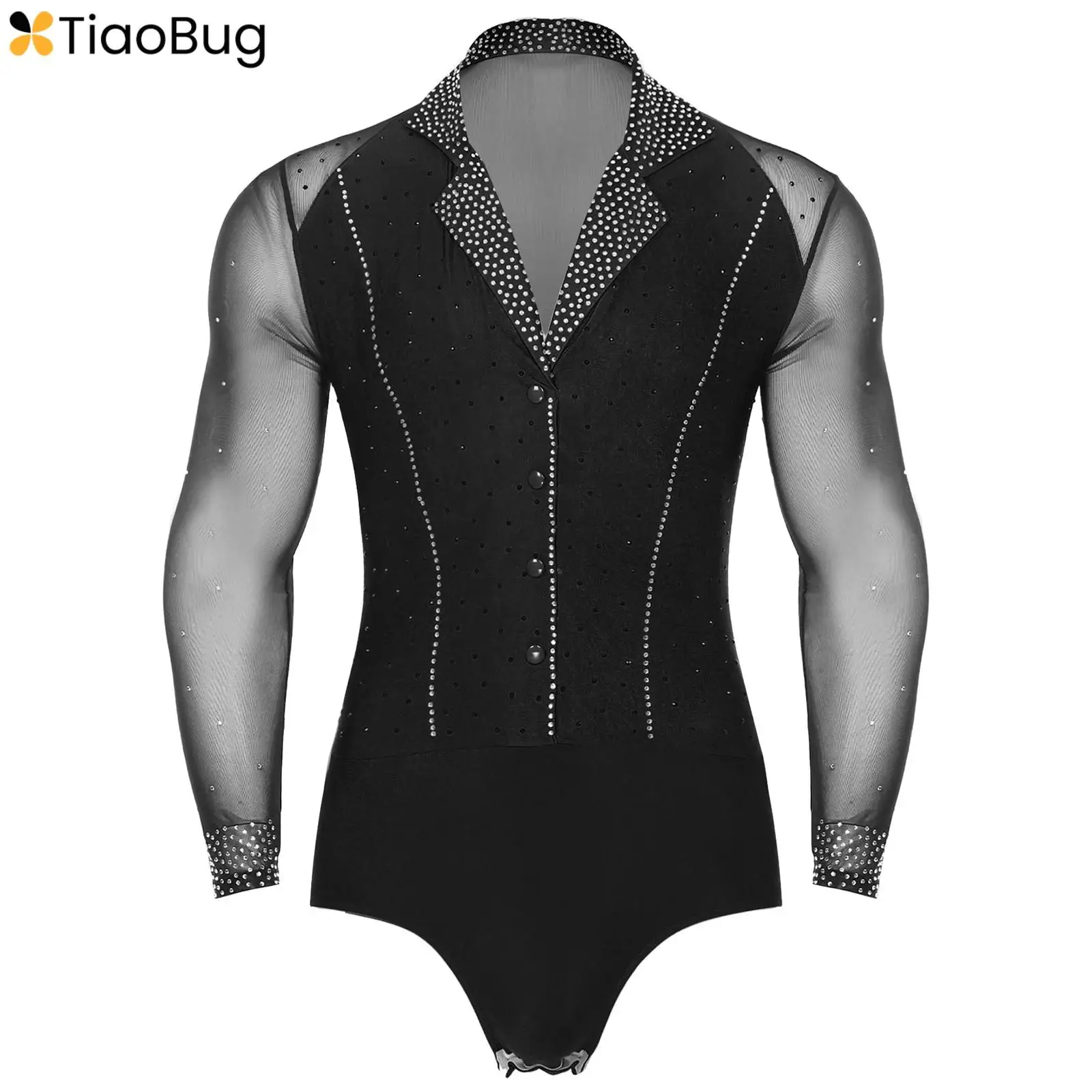 Mens Latin Tango Ballroom Dance Leotard Long Sleeve Lapel Collar Sheer Mesh Patchwork Sparkly Rhinestone Bodysuit Jazz Dancewear