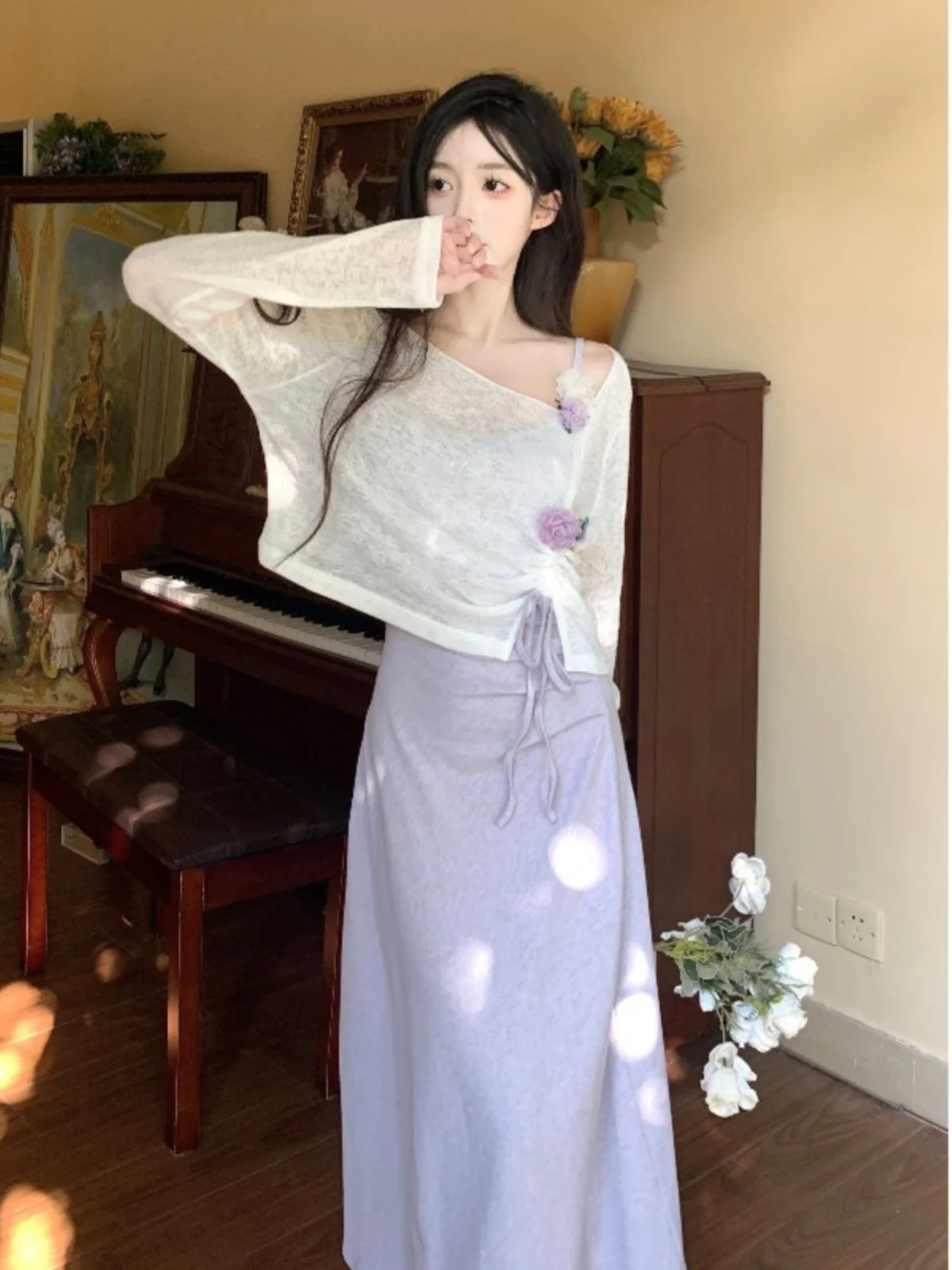 

Женский комплект больших размеров: фиолетовое платье с длинным рукавом и бретельками, многослойное, комфортное, в корейском стиле, для повседневной носки, осенний модный ансамбль