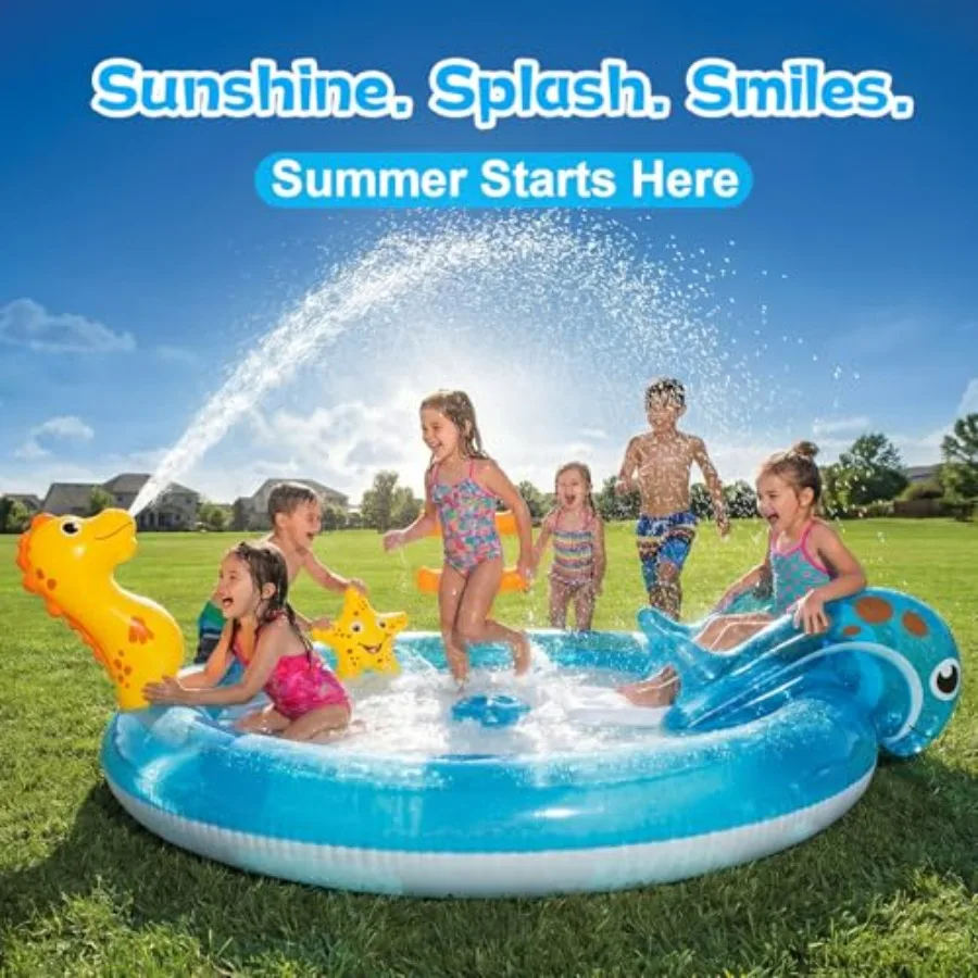 Backyard summer outdoor water fun: inflatable kids pool with slide, sprinkler air pump; PVC material, blue and yellow; durable,