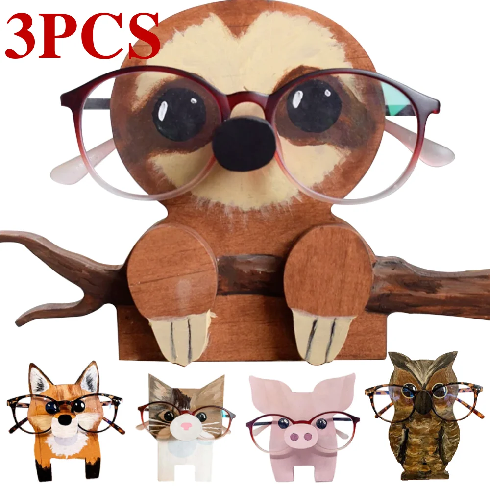 

3pcs Cute Animal Glasses Holder Rack Cartoon Cat Fox Sloth Dog Sunglasses Sunglass Display Stand Hand Carve Home Wooden Decor