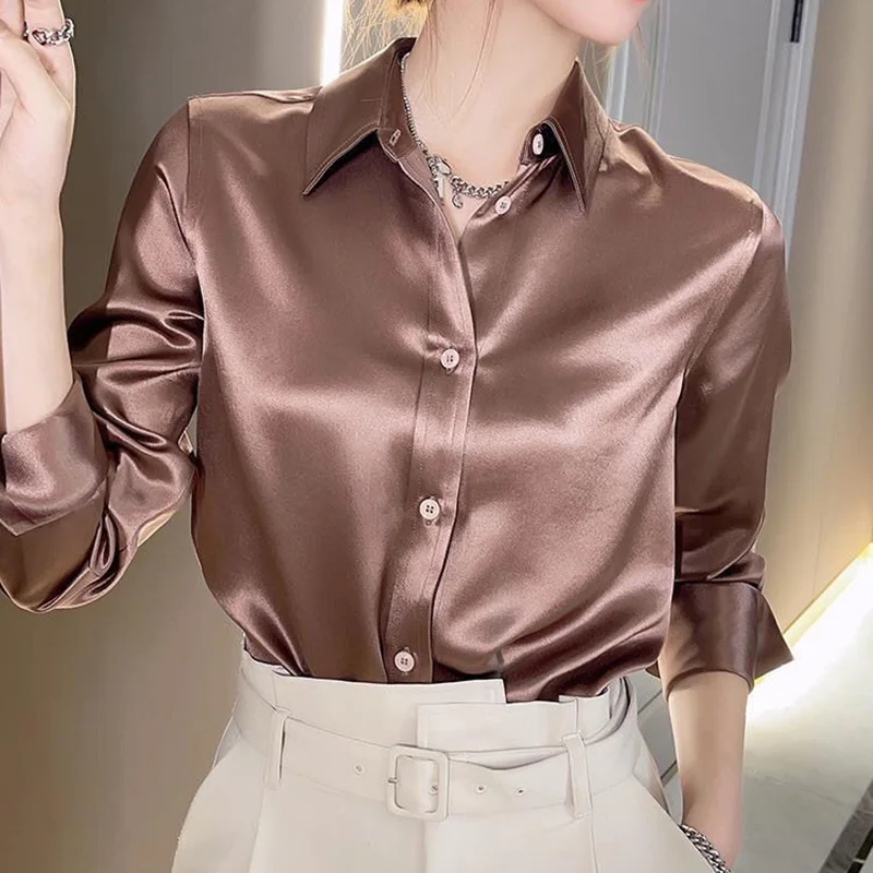 Fashion Button Up Satin Silk Shirt Vintage Blouse Women Tops Lady Long Sleeves Loose Street Shirts Female Elegant Office Blusa