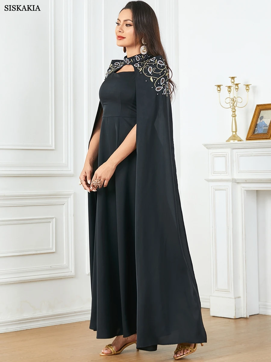 Siskakia Dubai Fashion Solid Evening Party Gown Turkish Women Long Dresses With Cloak Moroccan Kaftan Saudi Clothing 2024 New