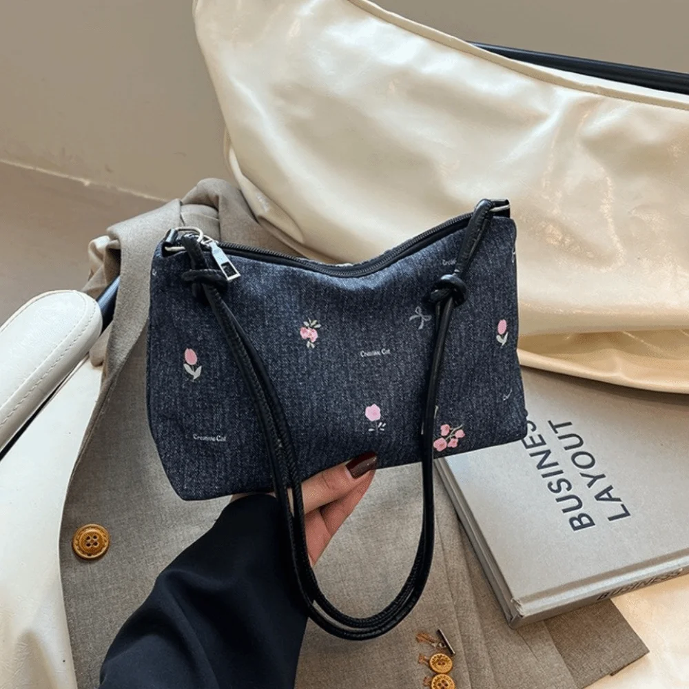 Tas Selempang Korea Model Pita Biru Serbaguna Bahan Denim Tas Bahu Manis dengan Ritsleting Tas Tangan Wanita