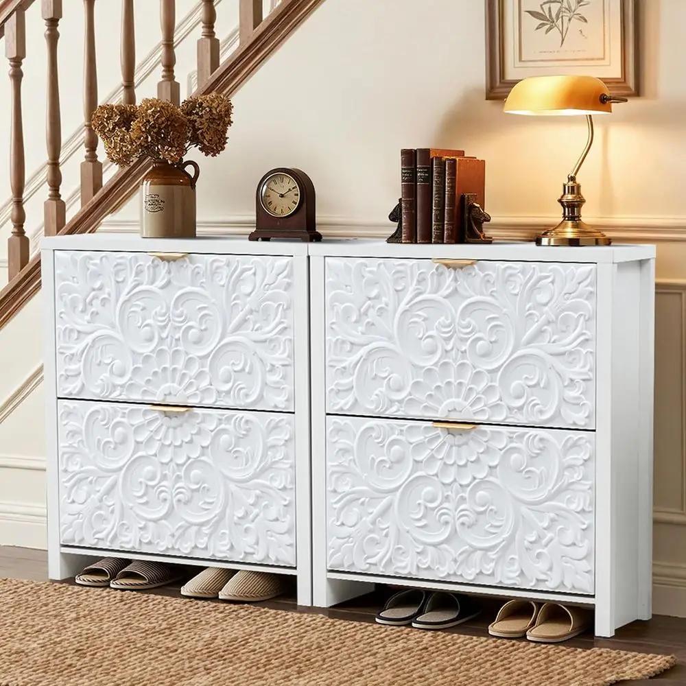 

Shoe Cabinet Set o 2, Narrow ShoeStorage Cabinet, 2-Tier Hidden ShoeOrganizer with Carved loral or Entryway, Slim Shoe