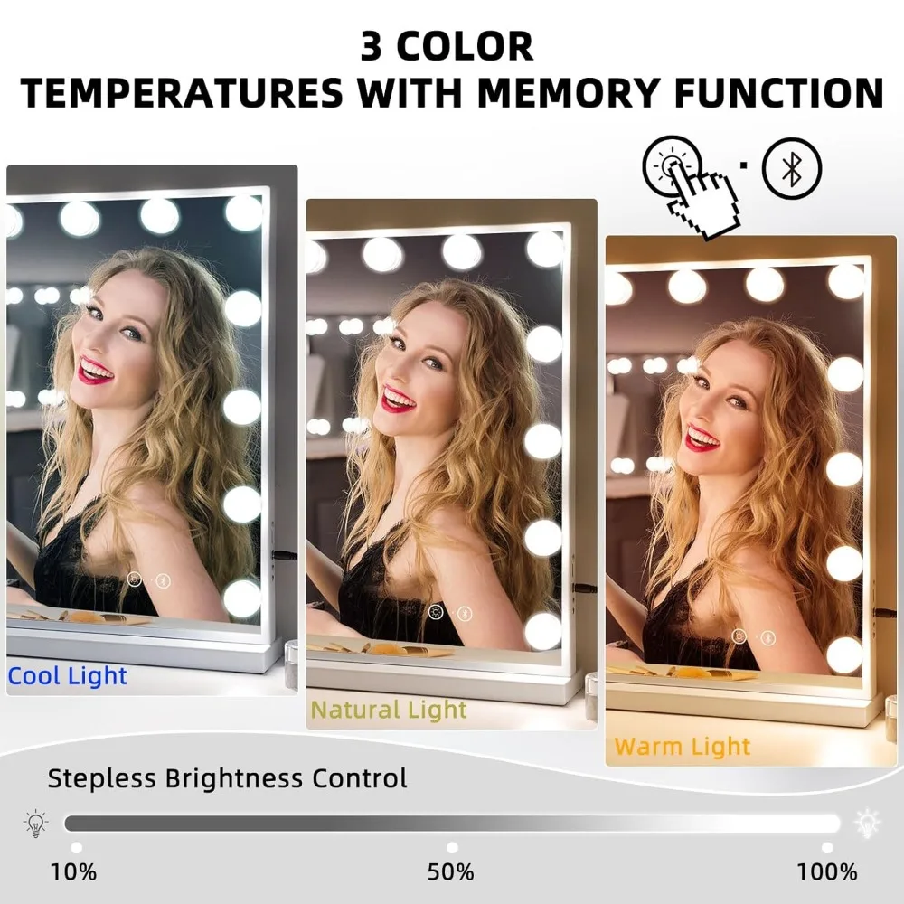 조명이 있는 화장대 거울, 조명 메이크업 거울, 15 개의 전구, 3 가지 조명 색상, 밝기 조절 가능, USB 포트, 탁상 벽