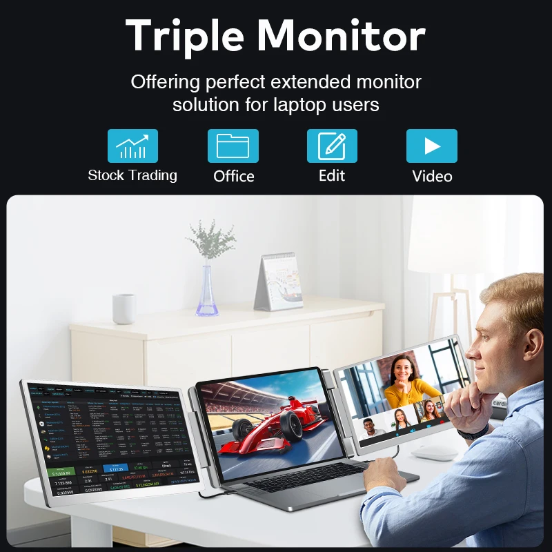 15,6-дюймовый портативный монитор, тройной удлинитель экрана монитора, размещенный на рабочем столе, широко совместимый с ноутбуками 12-18,5 дюймов.