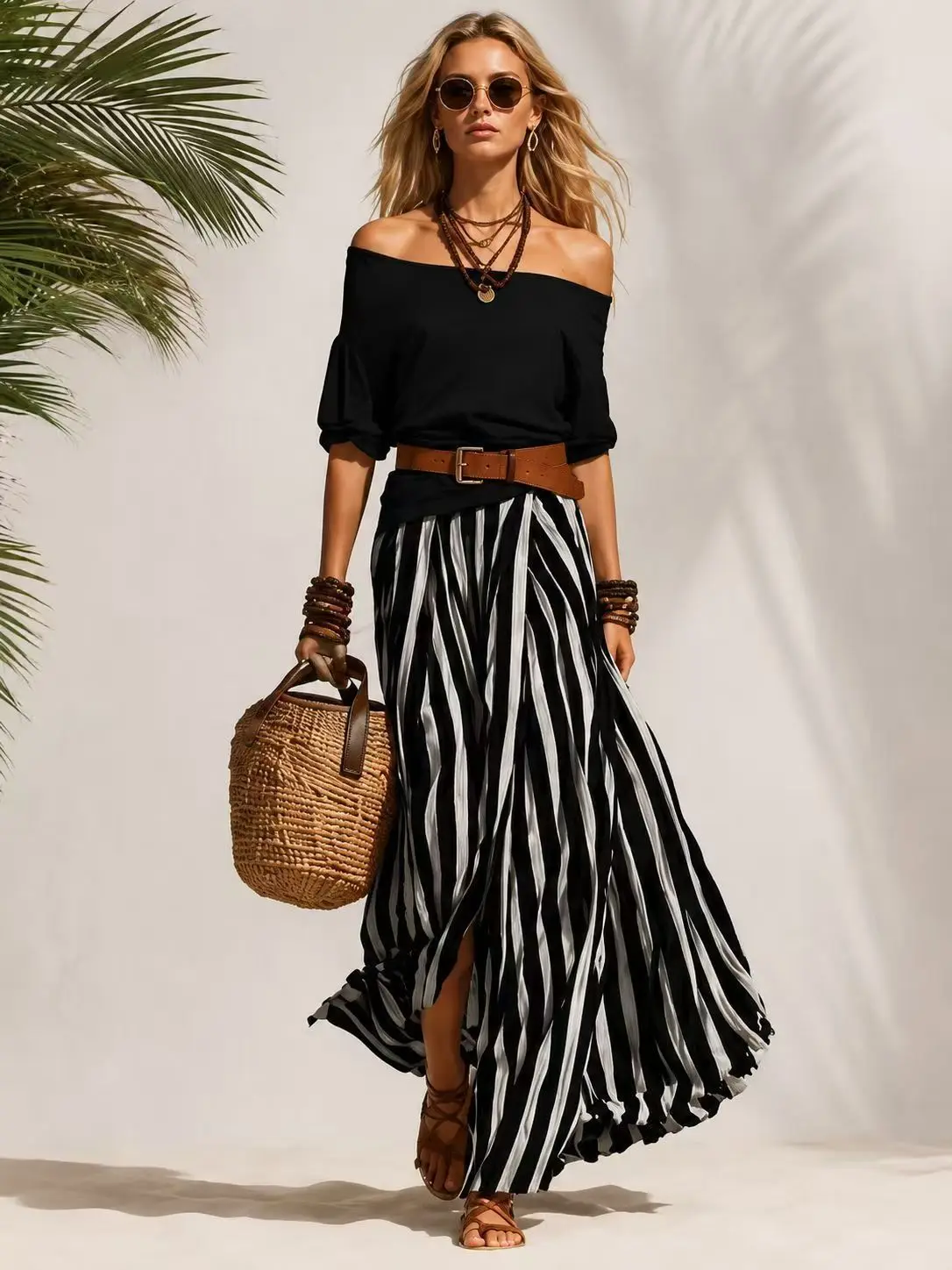 Women's Summer Off Shoulder Half Sleeve Top Vertical Stripe Split Maxi Skirt Two Piece Suit Loose Flowy Matching Set 2026