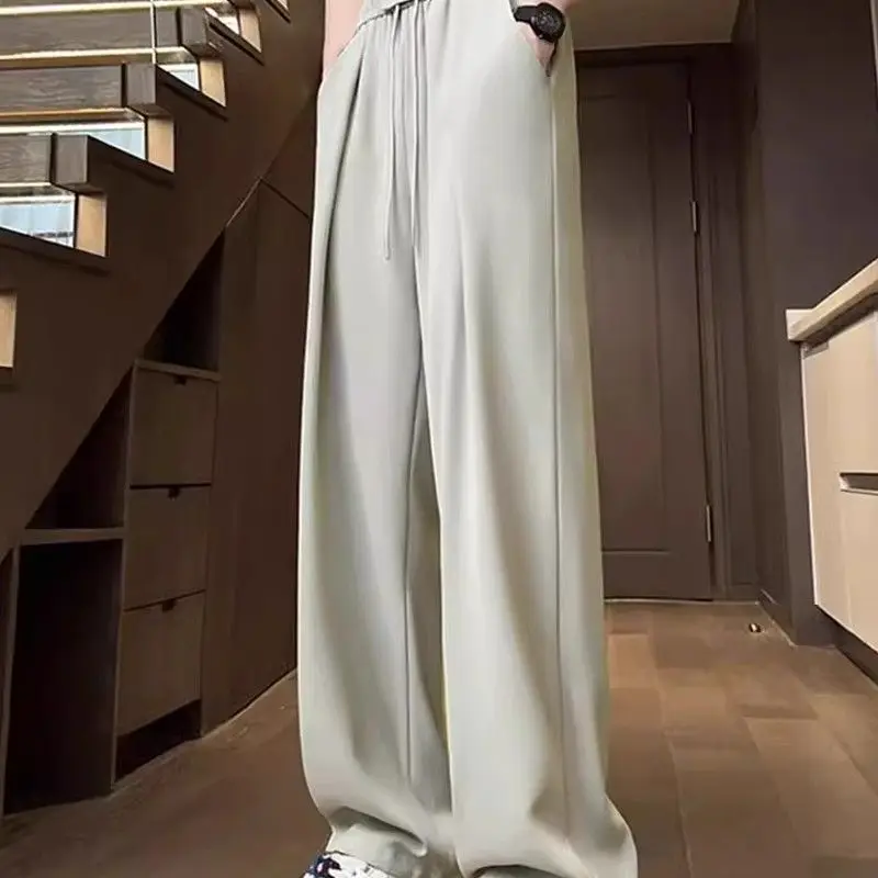 Japanese Cool Ice Silk Men Summer Thin Loose Straight Wide-leg Casual Trousers