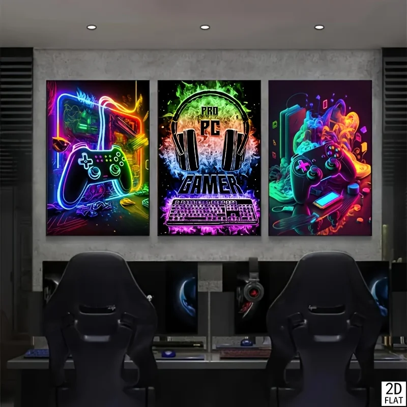 Ensemble d'art sur toile de jeu moderne 2D/3 pièces, affiches aquarelle pour contrôleur de jeu, décoration murale sans cadre pour chambre à coucher et salle de jeux, Vibr