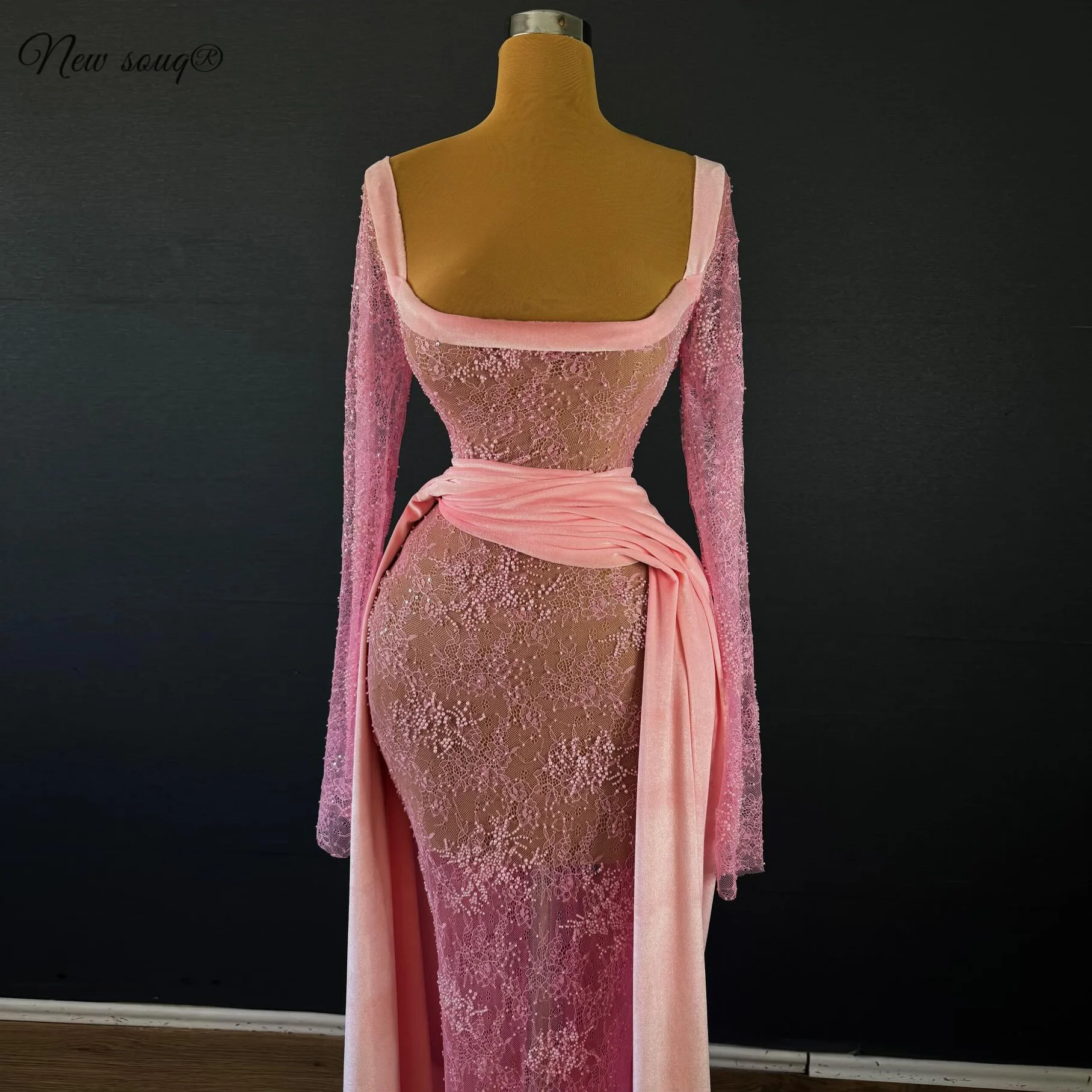 Elegant Square Neck Lace Beaded Long Sleeve Dress Pink Tulle See Through Prom Dress Fishtail Dress With Velvet Train Custom Made