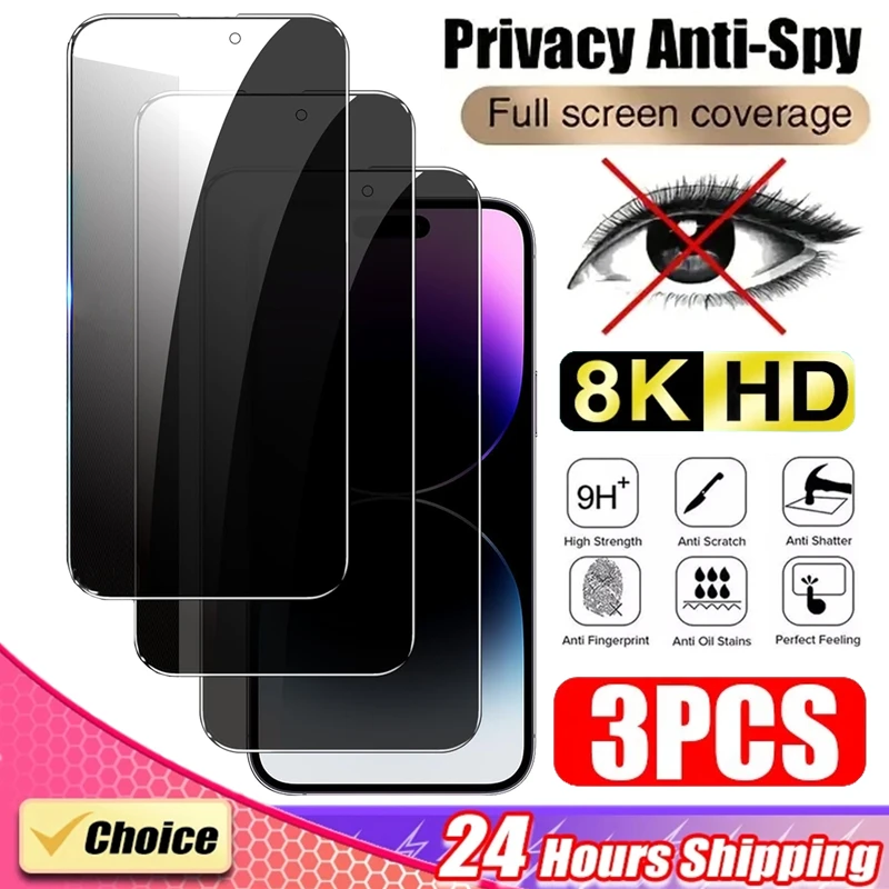 아이폰용 안티 스파이 강화 유리, 개인 정보 보호 화면 보호대, 아이폰 15, 14, 13, 12, 11 프로 맥스, 7, 8 플러스, X, XS 맥스, XR, SE 유리용, 3 개 