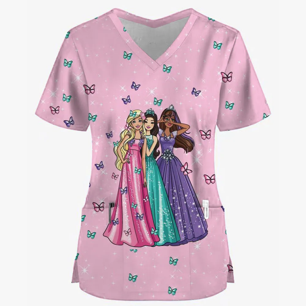 Women Scrub Tops Caps Doctor Barbie Cartoon Print Dentist Shirt Dental Uniform Nurse Doctor V-Neck Hospital Medical Blouse SPA