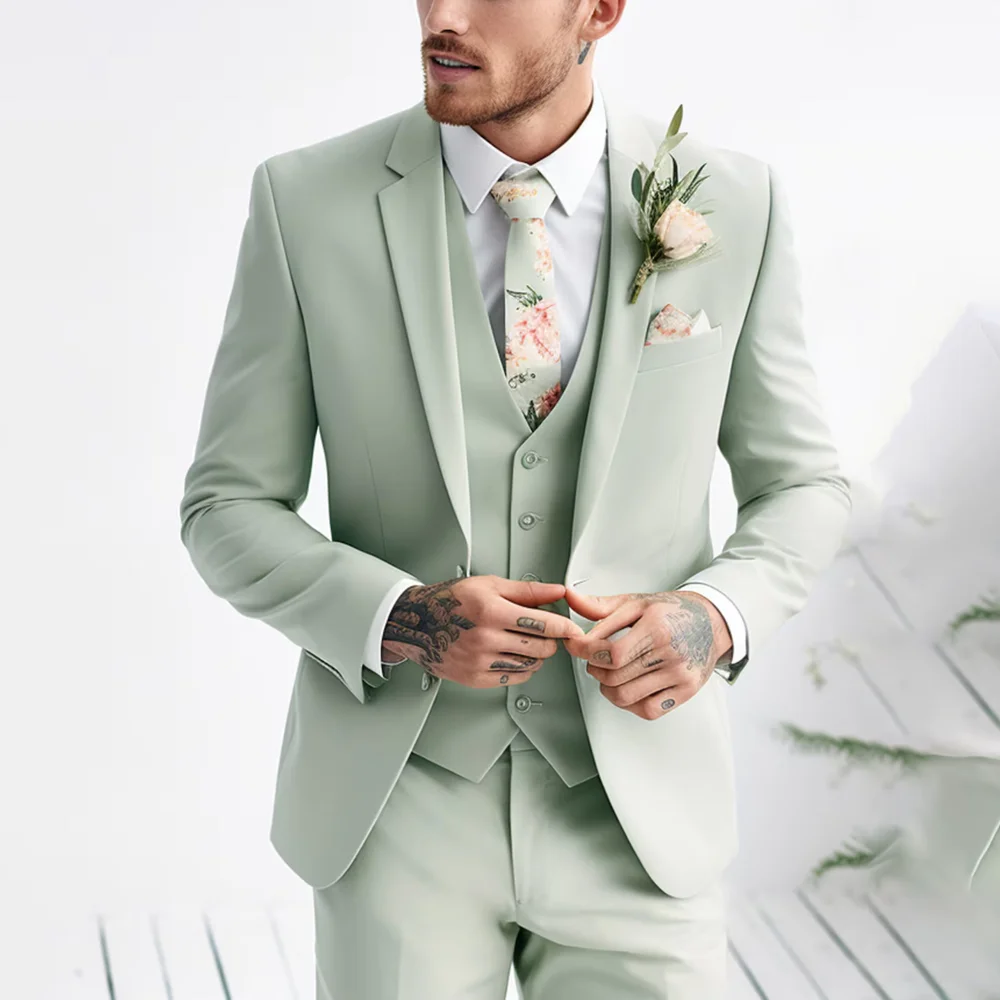 Chic Notch Lapel Men Suits Mint Green Fashion Single Breasted Solid 3 Piece Elegant Smart Casual Groom Wedding Part Tuxedo