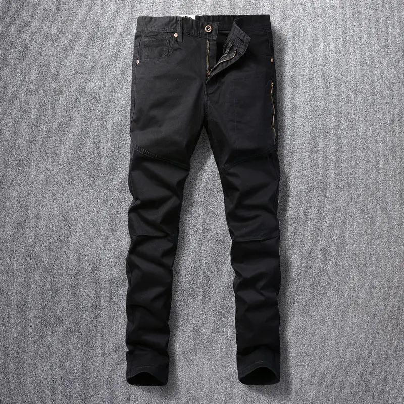 

Streetwear Fashion Men Jeans Black Elastic Slim Fit Spliced Biker Jeans Men Zipper Pocket Designer Hip Hop Denim Pants Hombre