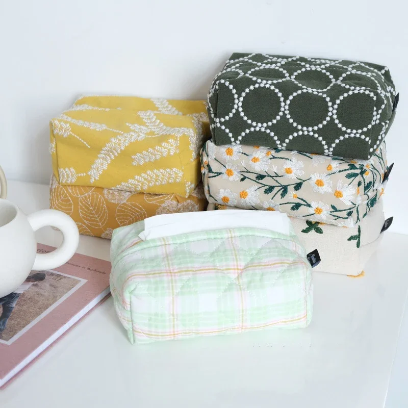 Tissue Paper Flower Leaf Tissue Box Napkin Holder Cotton Linen Embroidery Cloth Paper Box Home Car Dispenser Japanese