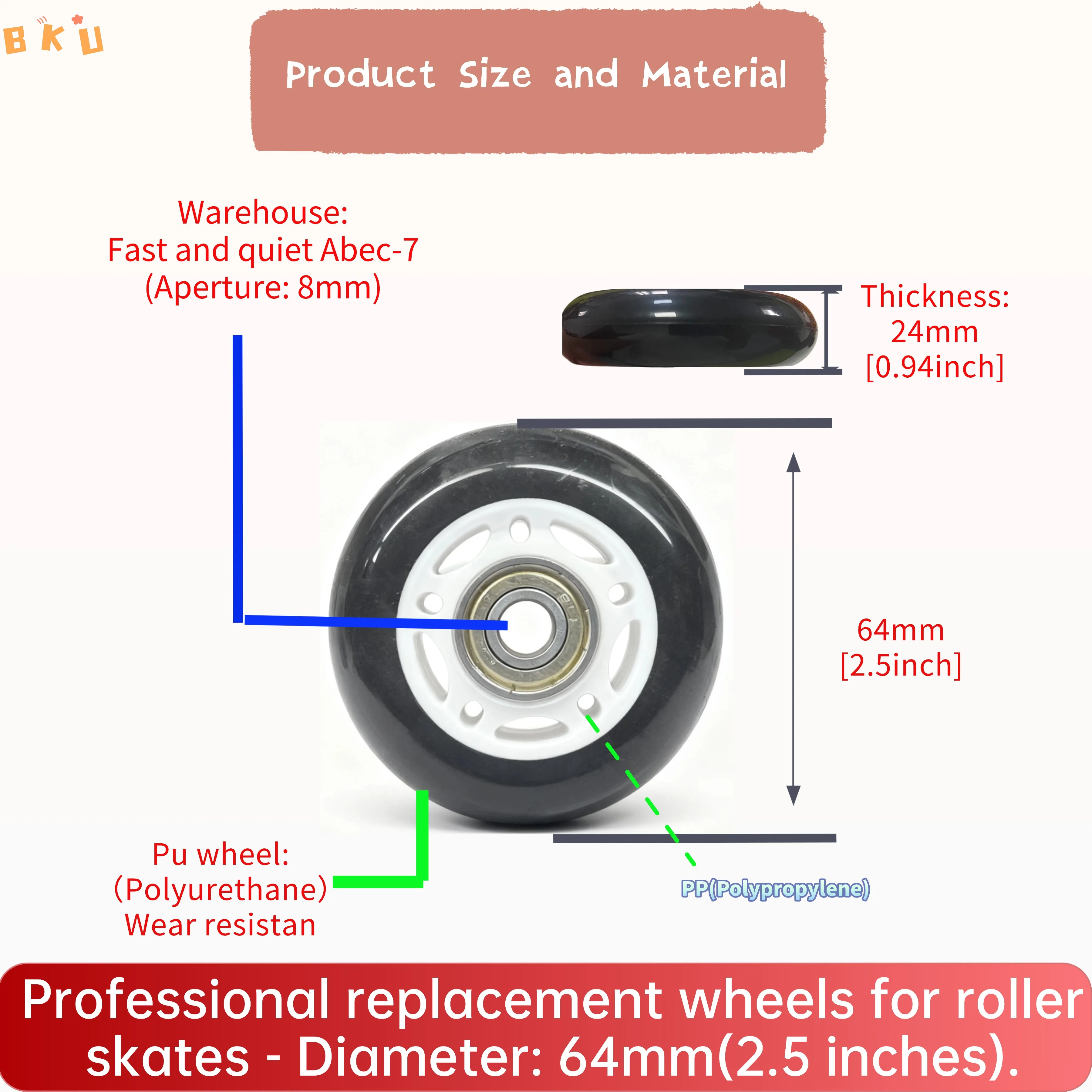 عبوتان من عجلات البولي يوريثان متعددة الوظائف، 64 مم عالية السرعة وهادئة ومقاومة للاهتراء، مع محامل Abec-7 للزلاجات المضمنة والدراجات البخارية والأمتعة