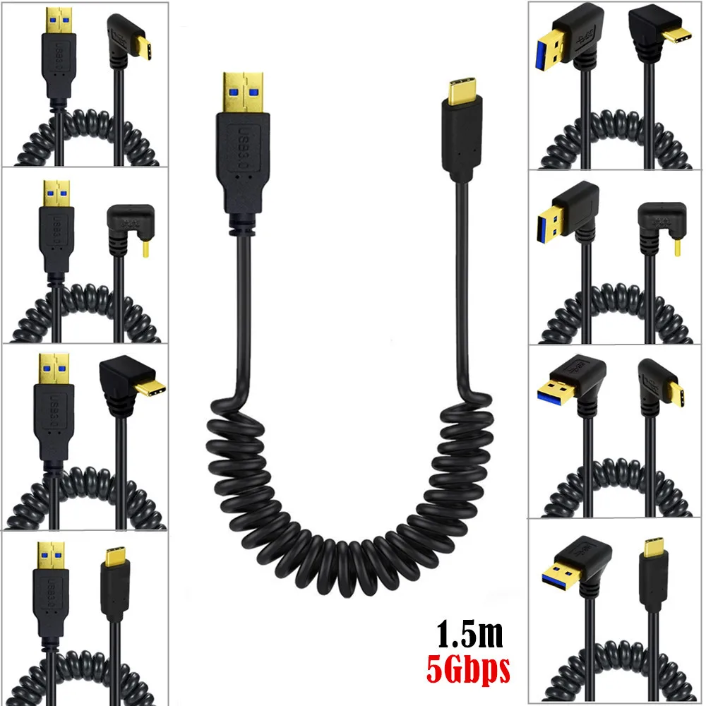 USB 3.0 version Type c spring high-speed data cable 1.5M up and down left and right straight bend car retractable fast charging