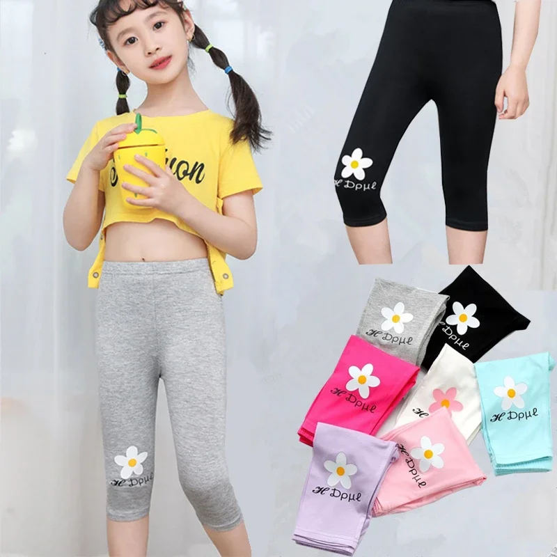 Summer Skinny Girls Leggings Flowers Pattern Black Candy Color Girl Calf-length Pants 2 To 8Y Kids Clothes