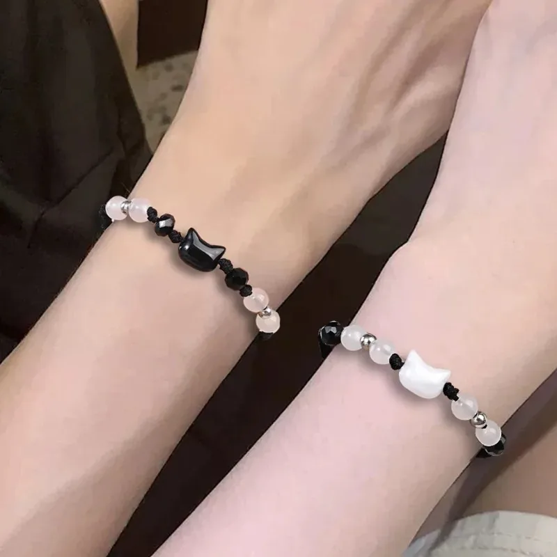 Bracelet chat noir et blanc réglable, pierre de lune coréenne, obsidienne, pour Couple, minimaliste, bijoux de fête, cadeau japonais