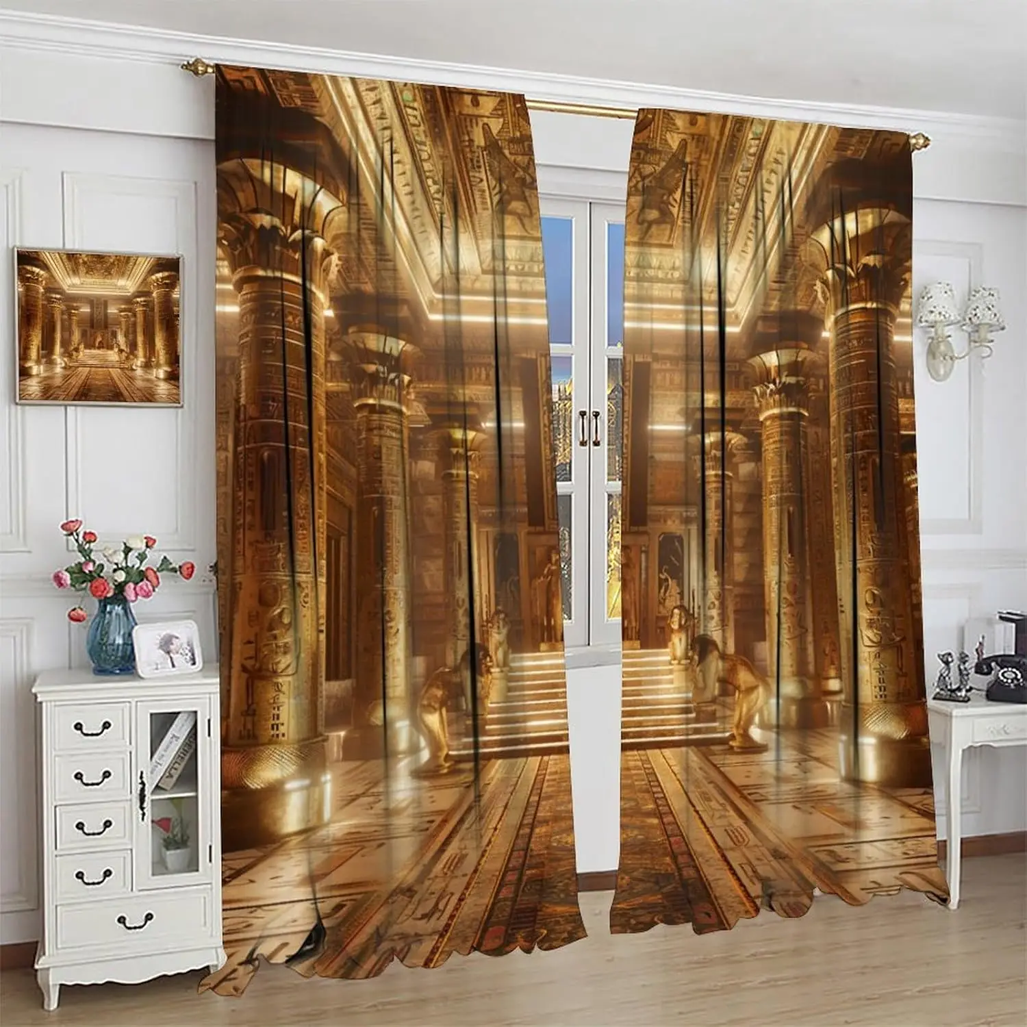 Ancient Egyptian Building Blackout Curtains,Golden Glam Palace Retro Home Decor Rod Pocket Window Drapes for Living Room Bedroom