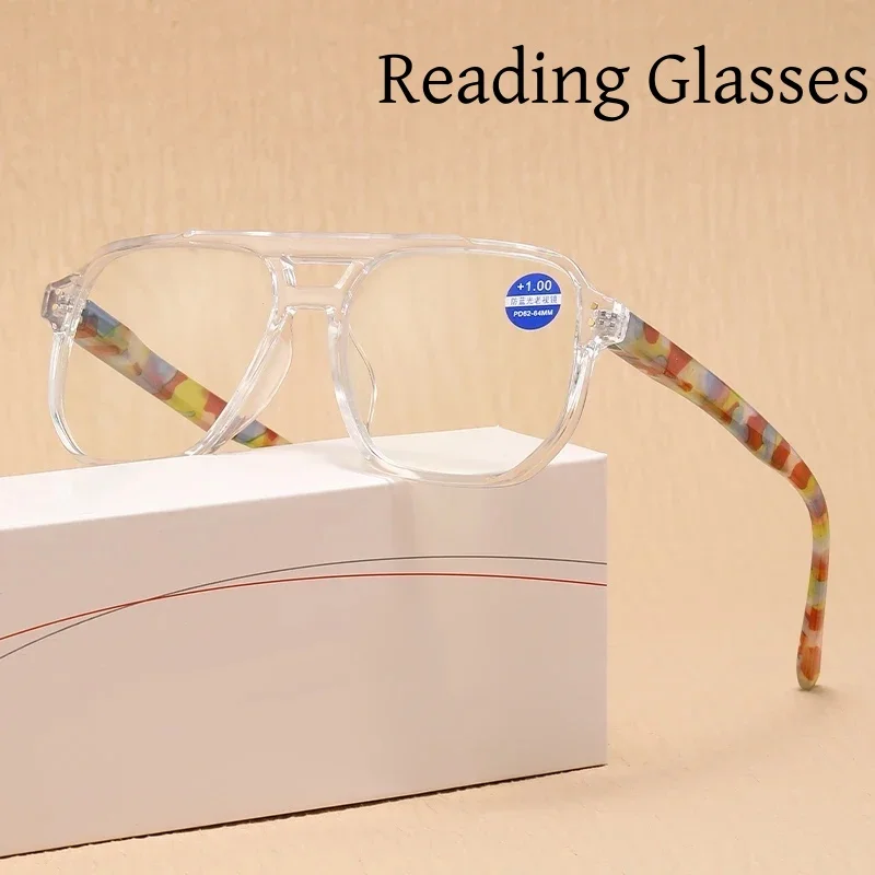 

Retro Square Reading Glasses Unisex Double Beam Far Sight Computer Eyewear Anti Blue Light Presbyopia Eyeglasses +1.0 To +4.0
