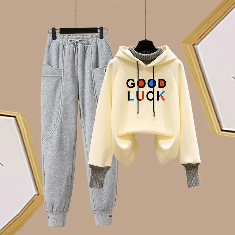 Plush Thickened Wishing You Good Luck Letter Printed Long Sleeve Hoodie with Strap up Casual Pants Two Piece Women's Pants Set