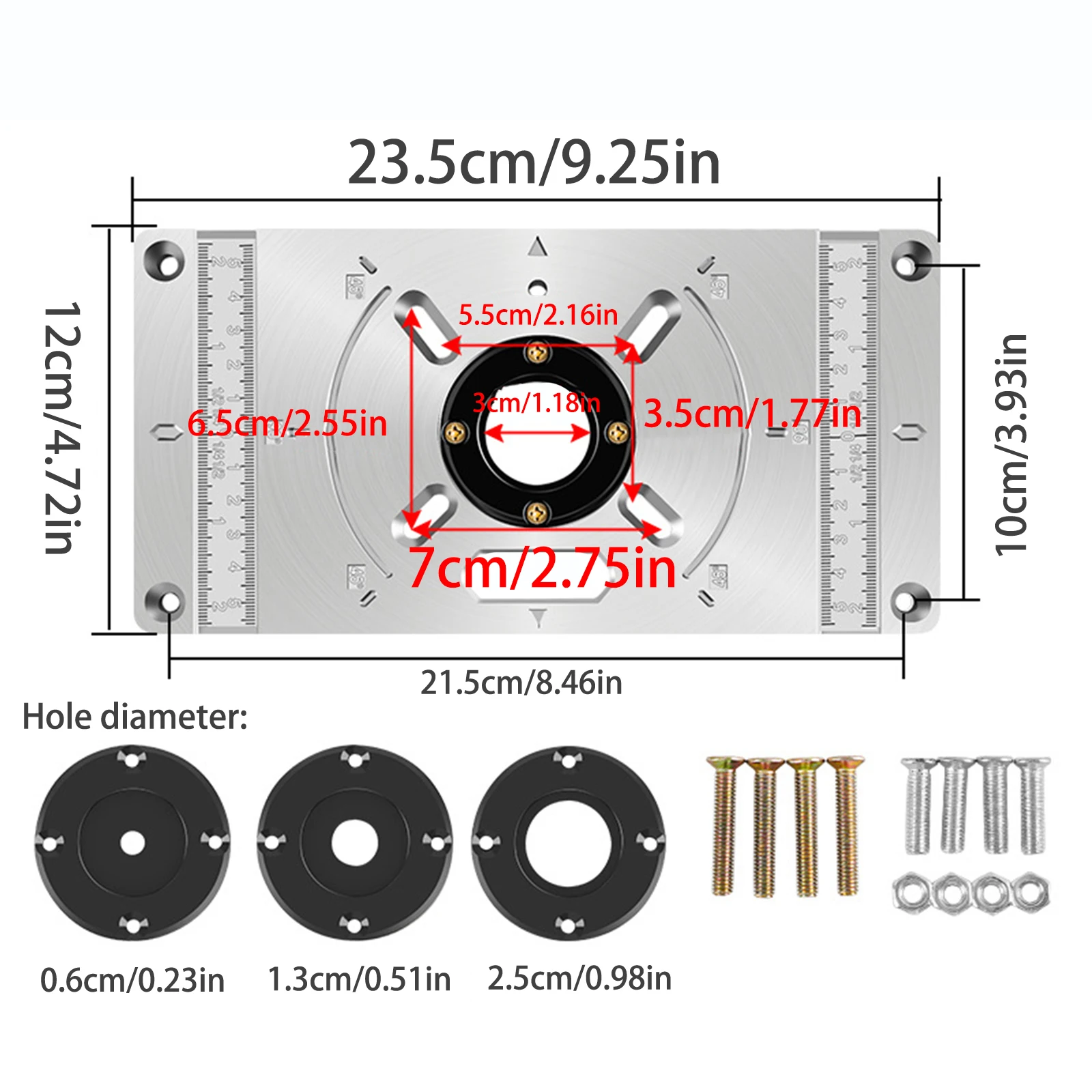Aluminum Router Table Insert Plate, 3 Insert Rings & Screws, Rustproof, Center Alignment for Woodworking Milling & Drilling