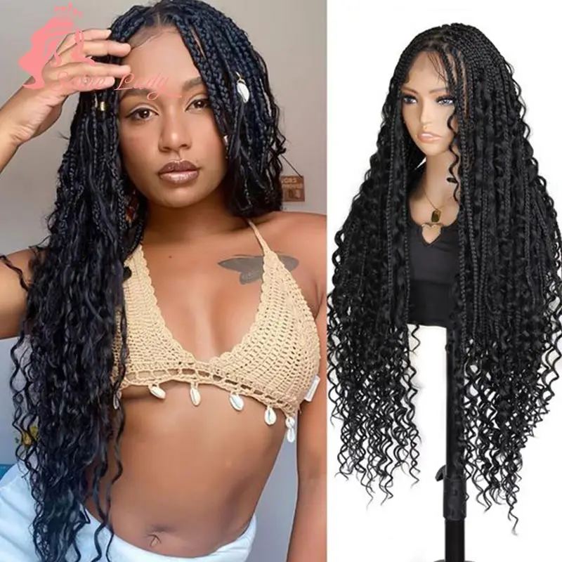 Synthetic Boho Box Braided Wigs Curly Hair Full Lace Front Wigs for Women Goddess Locs Braid Wig Burgundy Bohemian Box Braid Wig