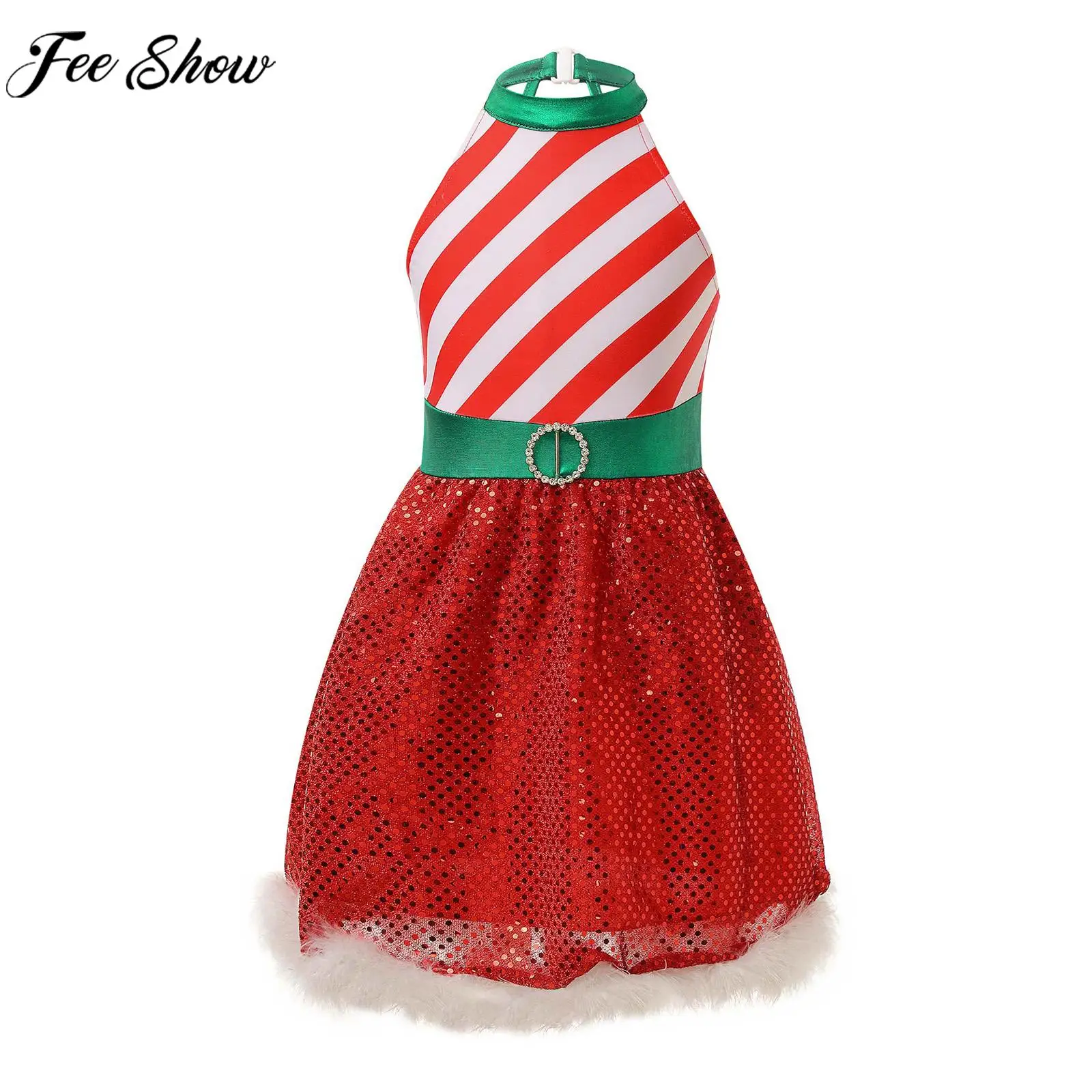 

Children Girls Christmas Dress Xmas New Year Ballet Dance Skating Cosplay Party Costume Striped Shiny Feather Trim Leotard Tutu