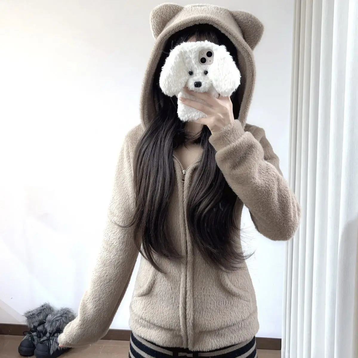Cute Bear Ear Hooded Warm Plush Jacket for Women Autumn Winter Slim Fit Thick Outerwear Woman Casual Solid Zipper Sweatshirt