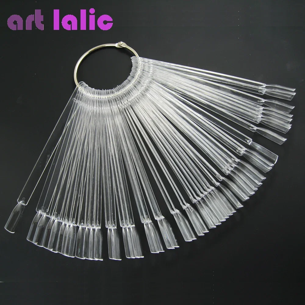 50Pcs Natürliche Klare Acryl Falsche Nail art Display Tipps Fan Stil Swatch Polnischen Stehen Maniküre Zubehör Werkzeug
