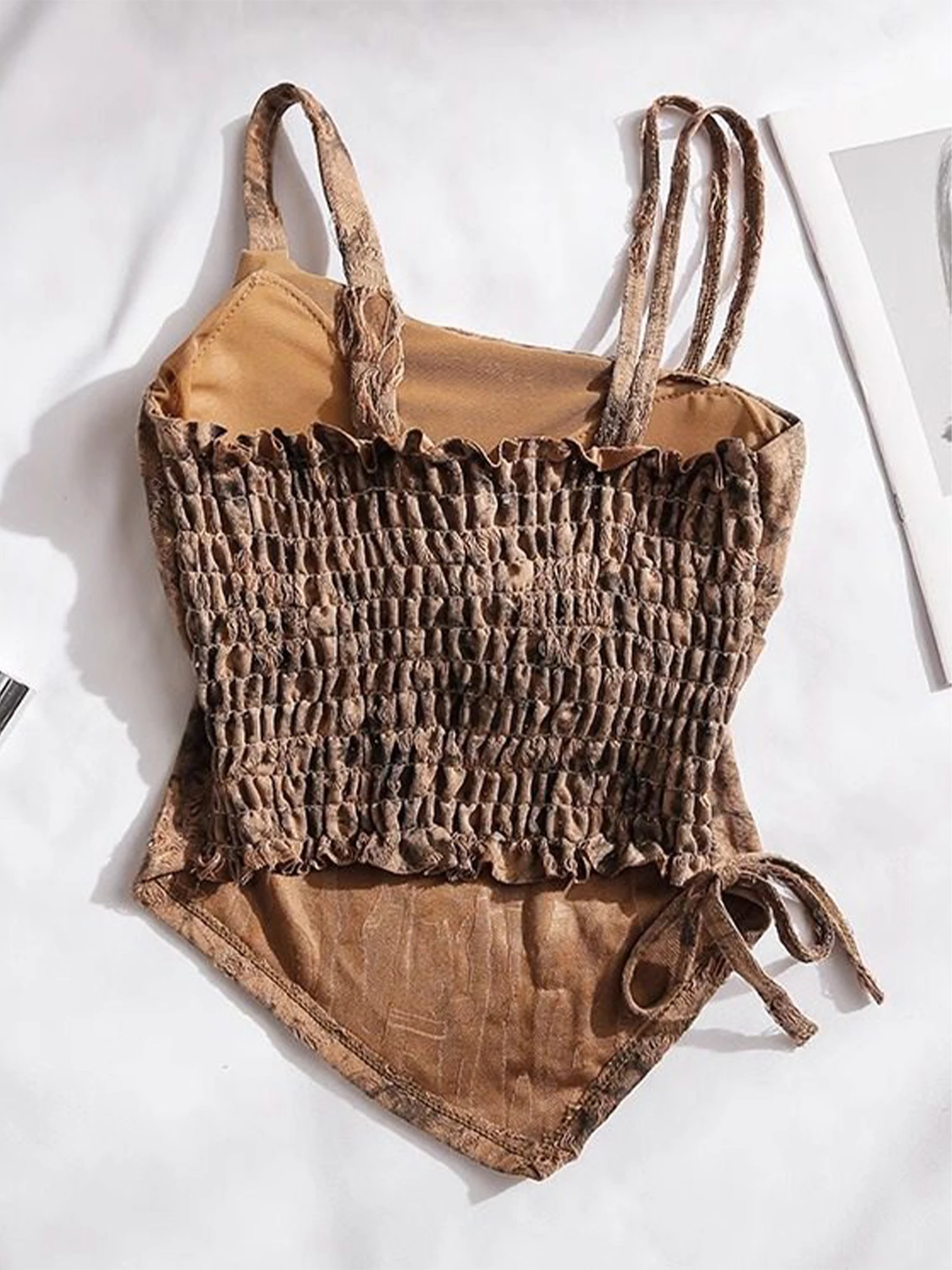 Women Khaki Crop Top Off Shoulder Lace-up Corset Top Y2k Gyaru Cropped Tank Top 2000s Fashion Vintage Clothes Spring Summer 2026