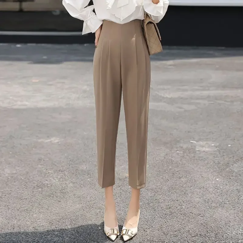 

Женские однотонные прямые брюки-харун с высокой талией и гофрированной молнией, модные повседневные официальные офисные женские брюки XT1310