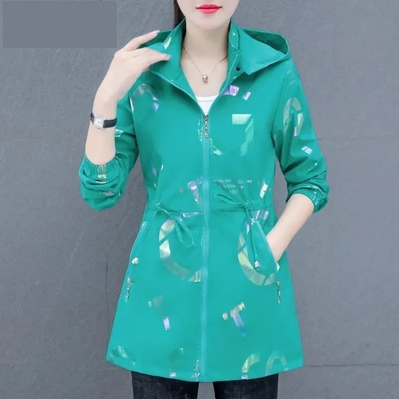 

Women's Mid-Length Lace-Up Windbreaker Jacket, Casual Printed Coat, Female Tops, Slim Fit Overcoat, New Fashion, Spring, Autumn