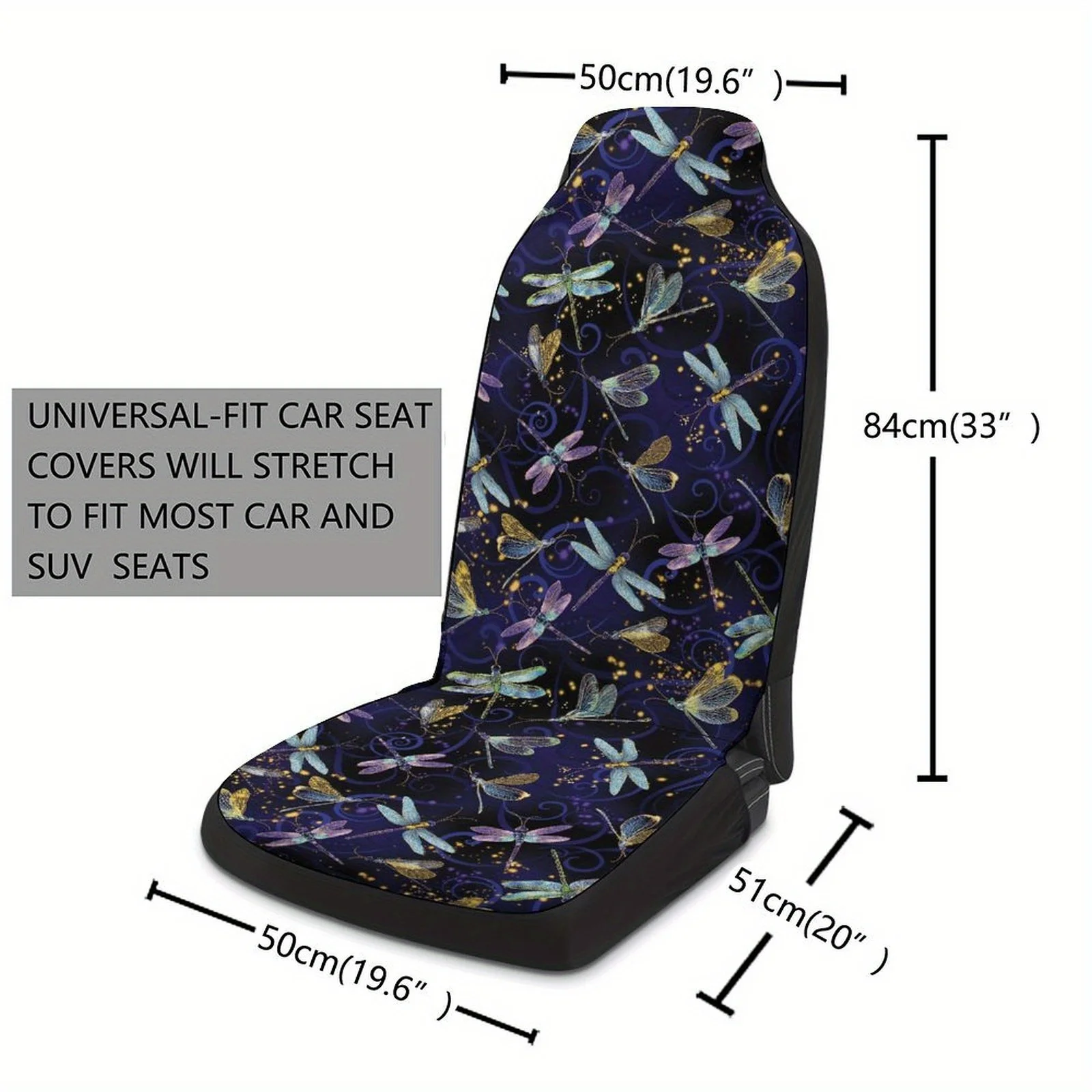 2pcs Dark Blue & Golden Dragonfly Print Car Seat Covers Fit For Front Seats - Non-Slip, Machine Washable Insect-Themed Upholster
