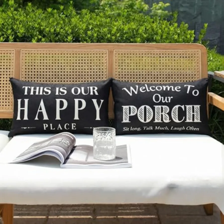 

Black and White Welcome to Our Porch Outdoor Lumbar Pillow Covers Waterproof 12x20 Set of 2, Decorative Outdoor Lumbar Pillows