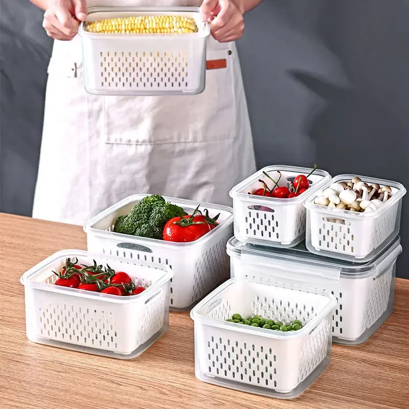 Refrigerator Storage Box, Fridge Organizer, Fresh Vegetable Fruit Boxes, Drain Basket, Containers, Pantry, Kitchen