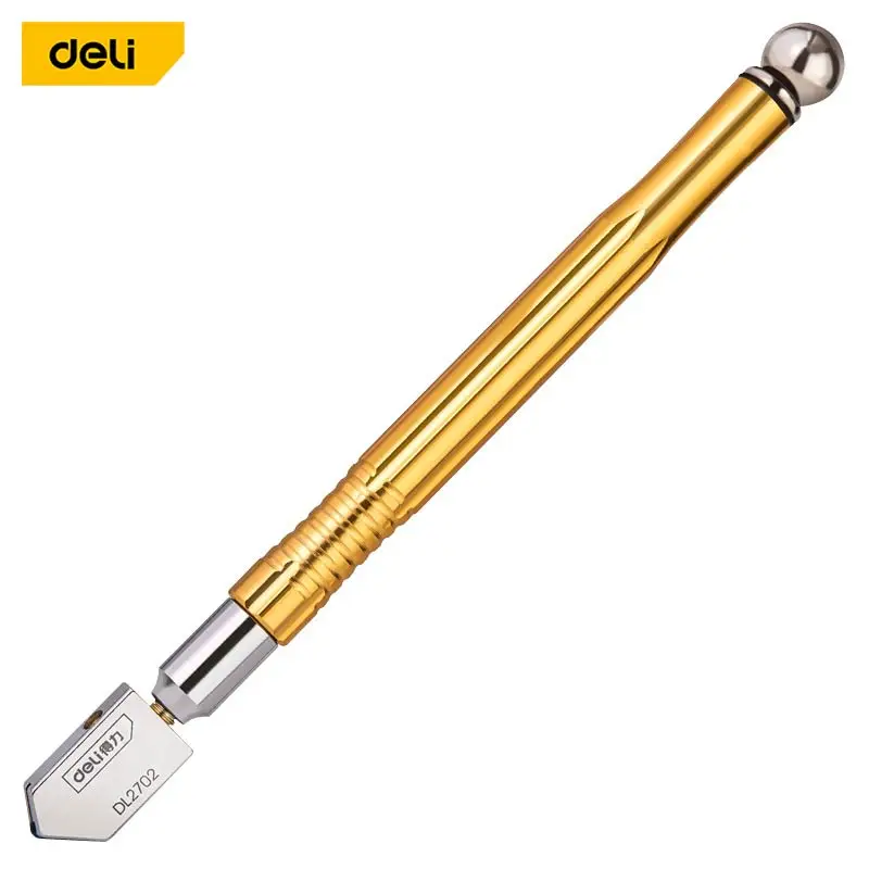 Deli Glass Cutter Diamond Tip Steel Blade Cutting Tool Oil Feed Glass Cutter Antislip Metal Handle 180mm For Glass Cutting