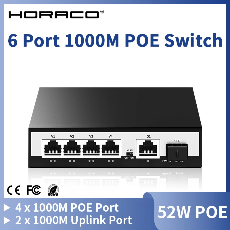 

HORACO 6-портовый гигабитный коммутатор POE 1000 Мбит/с активный сетевой коммутатор POE 52 Вт для IP-камеры, NVR, наблюдения, CCTV, камеры POE