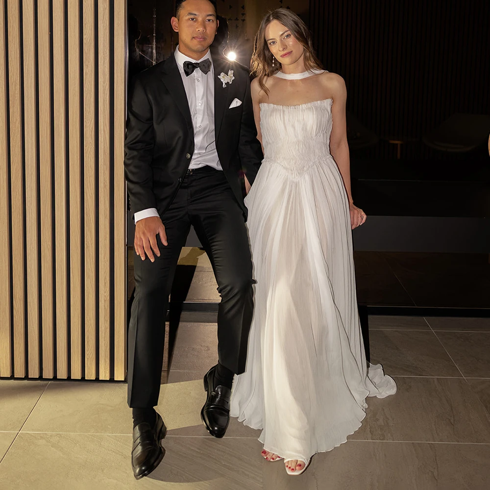 Strapless Ruched Structured Wedding Dress With Scarf A Line Customized Silky Chiffon Ivory Drop Waist Retro Simple Bridal Gown