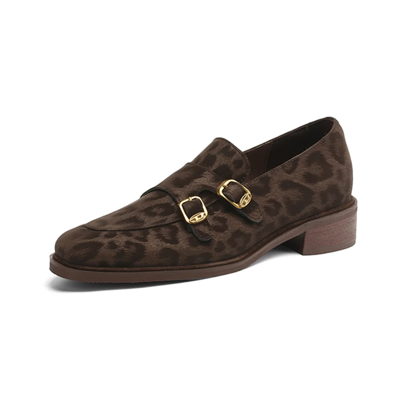 ليوبارد الراهب أحذية النساء جلد العجل جلد طبيعي مشبك حزام البروغ نمط جولة تو عارضة السيدات الشقق اليدوية