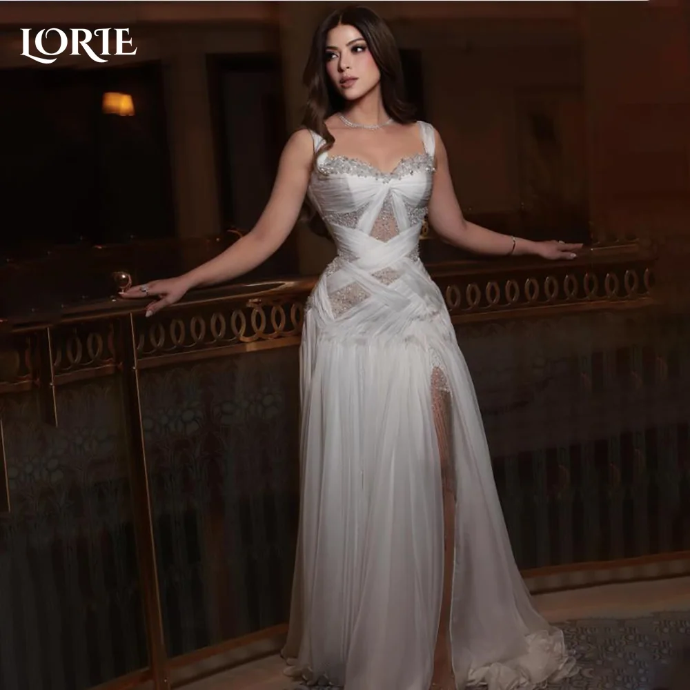 

LORIE Shiny Wedding Dress Strapless Sweetheart Pleats A-line High Slit Bride Gown Chiffon Illsion Customized Sparkly Bride Dress