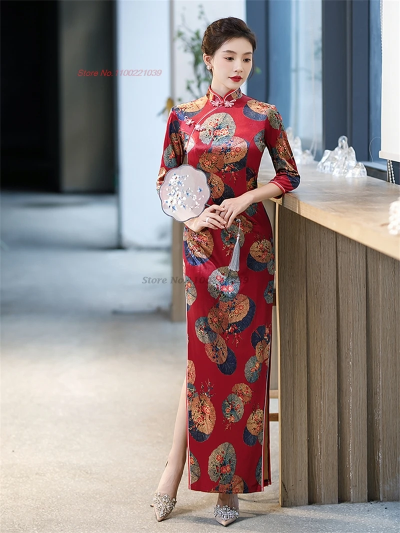 

2025 китайское улучшенное платье Ципао Cheongsam, национальное платье Ципао с цветочным принтом, формальное Ципао, восточное, банкетное, вечернее платье Cheongsam