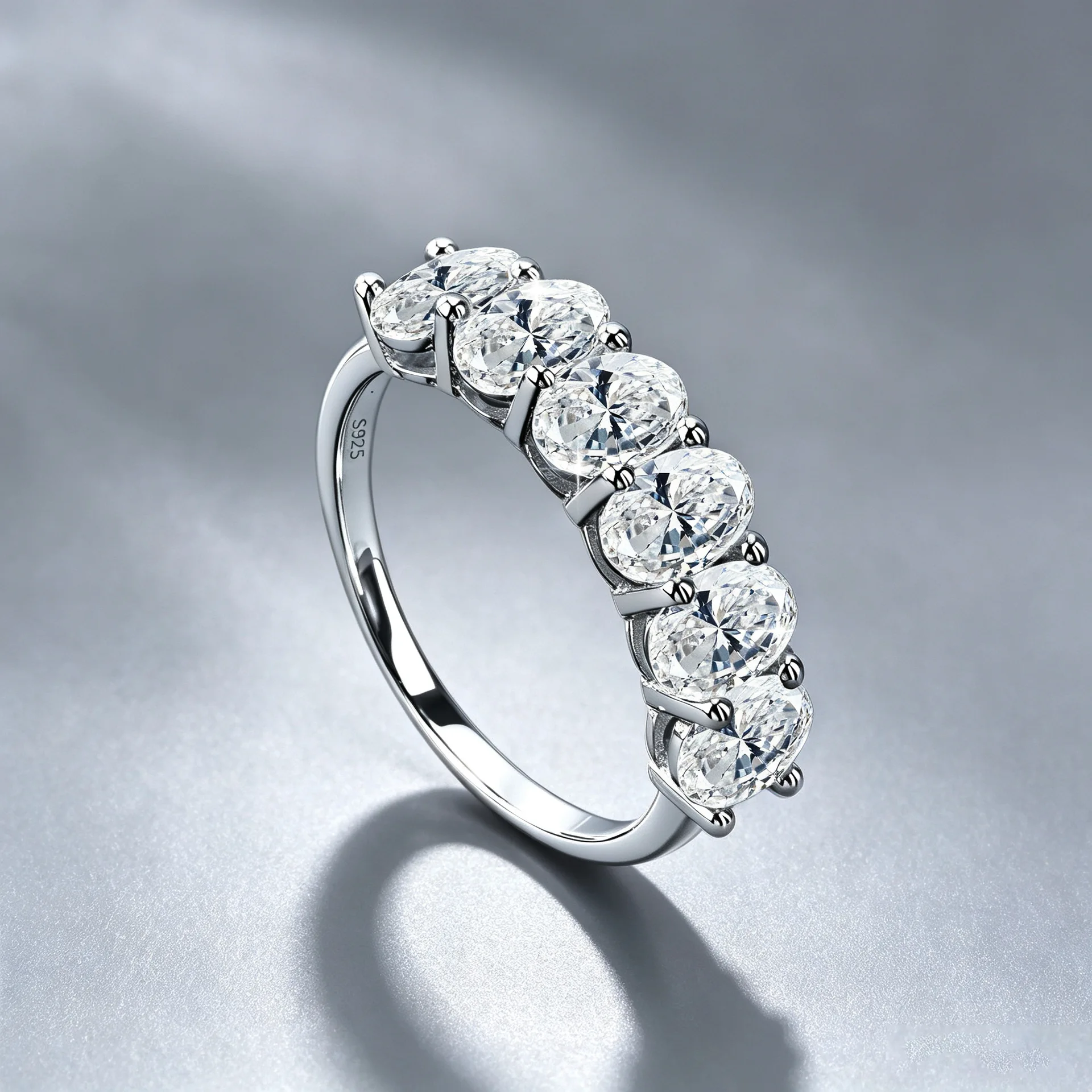 Sterling Silver 925 7 Stone Oval Moissanite Ring  Lucky Jewelry Engagement Bnad Rings for Women Girls Luxury Gift