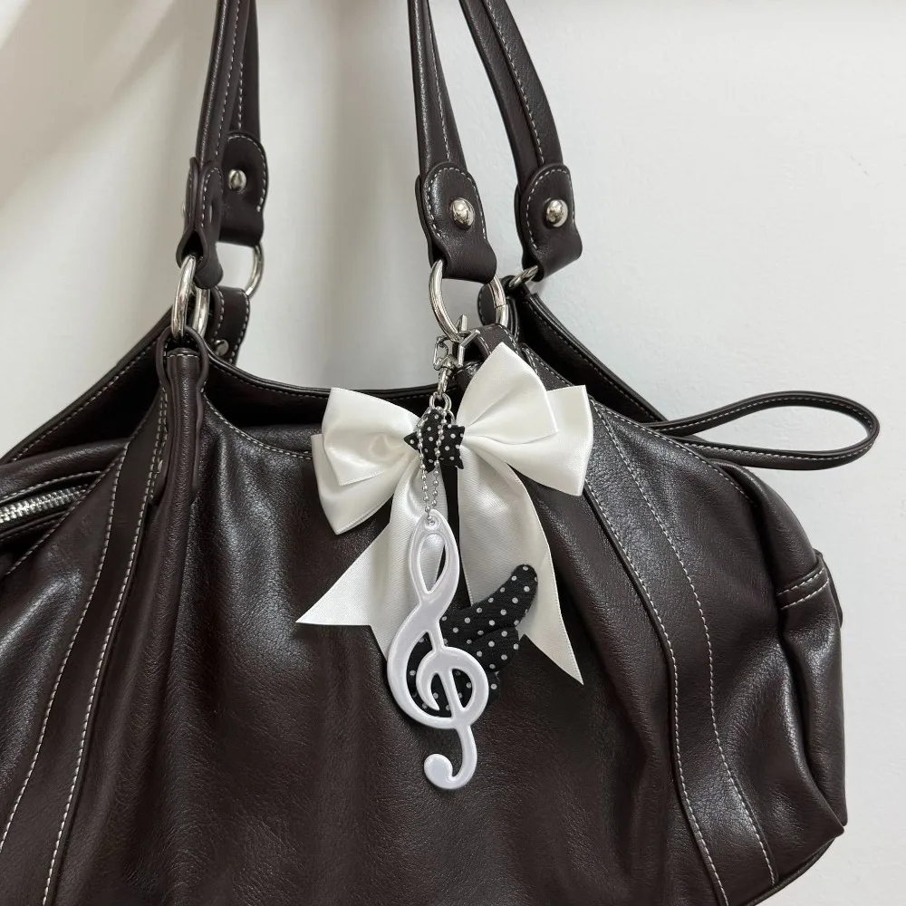 Sweet Girly Music Note Wings Print Bow Polka Dot Keychain Ins Retro Bag Charm Pendant Cute Vintage Accessory for Keys Purse - view 2