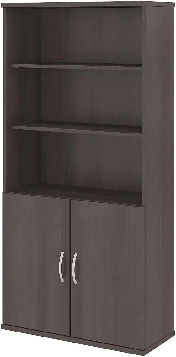 Business Furniture Studio C Tall 5 Shelf Bookcase with Doors in Storm Gray, Large Bookshelf Cabinet for Home or Professional